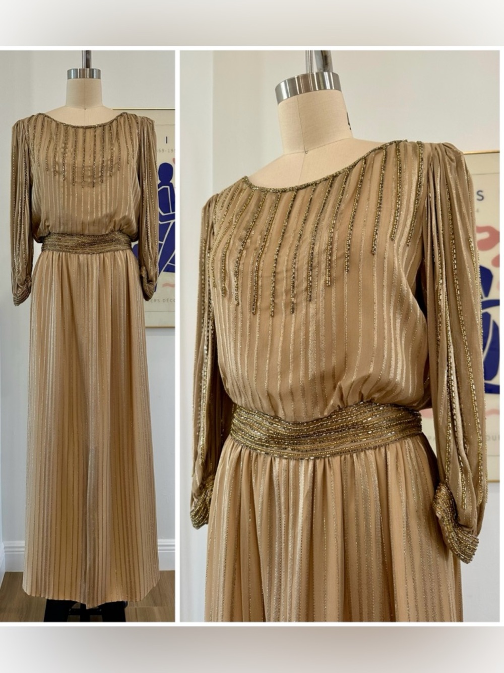 Vintage Nude Gold & Silver Beaded Evening Gown